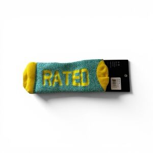 Arthur George Teal Crew Socks with Yellow Accents and “RATED OVER” Text